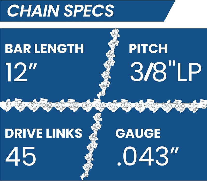 Zentop Carbide Chainsaw Chain 12 Inch, 043" Gauge, 3/8" LP Pitch, 45 Drive Links Fits Dewalt 20V MAX DCCS620B, DCCS620P1 Fits WORX WG380, Ryobi, Echo and More- DWO1DT612, R45 (1 Chains) - Image 4